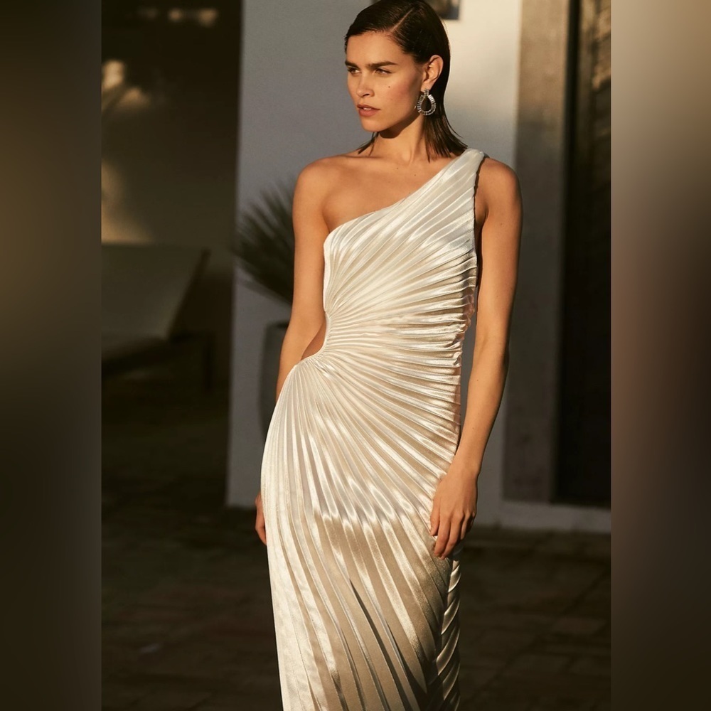 NWT Delfi Collective Solie Pleated One-Shoulder Cutout Sheath Gown Anthropologie